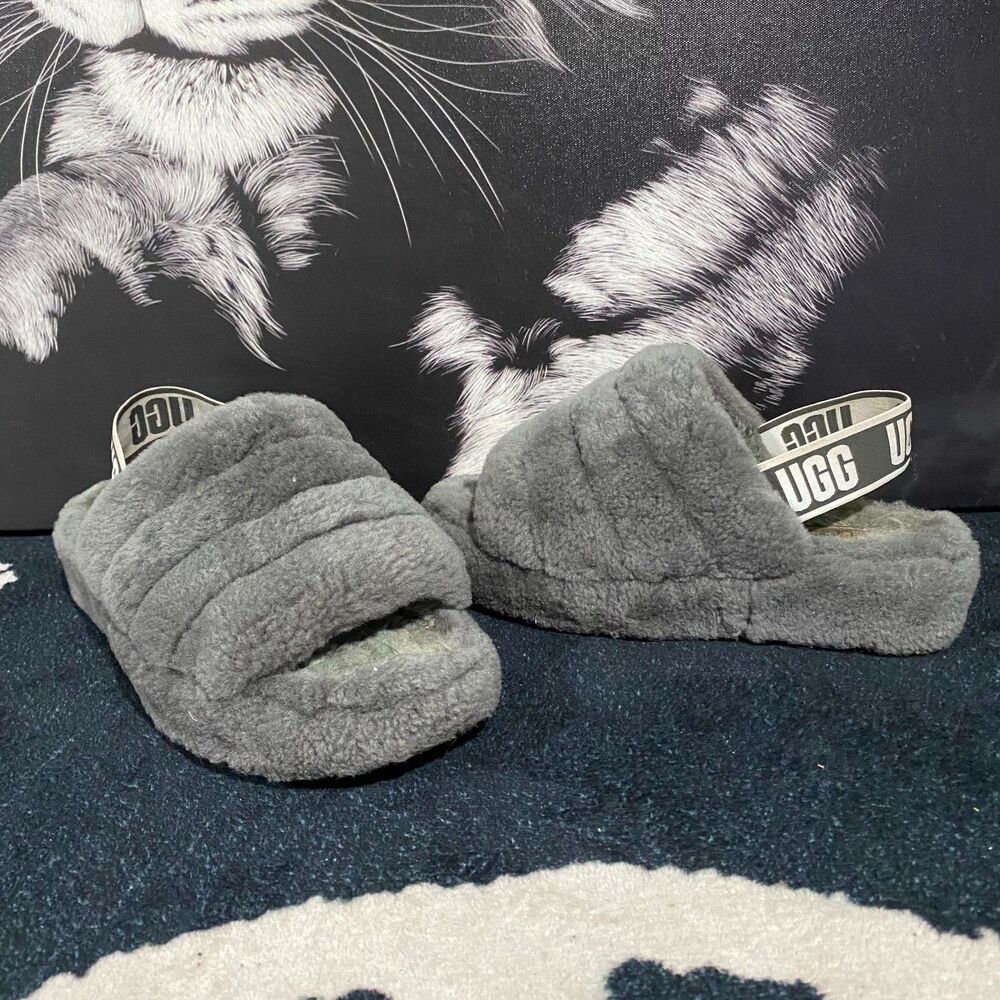 UGG Fluff Yeah 1095119 Slide Slippers Women's 6 Gray Sheepskin Slingback Comfort